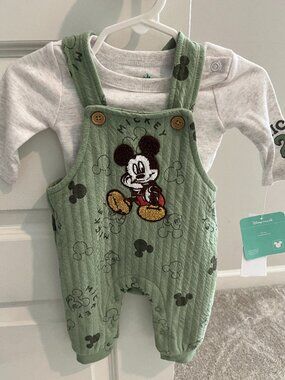 Disney Baby Mickey Mouse Newborn Outfit Set 2-Piece Green Overalls & Long Sleeve